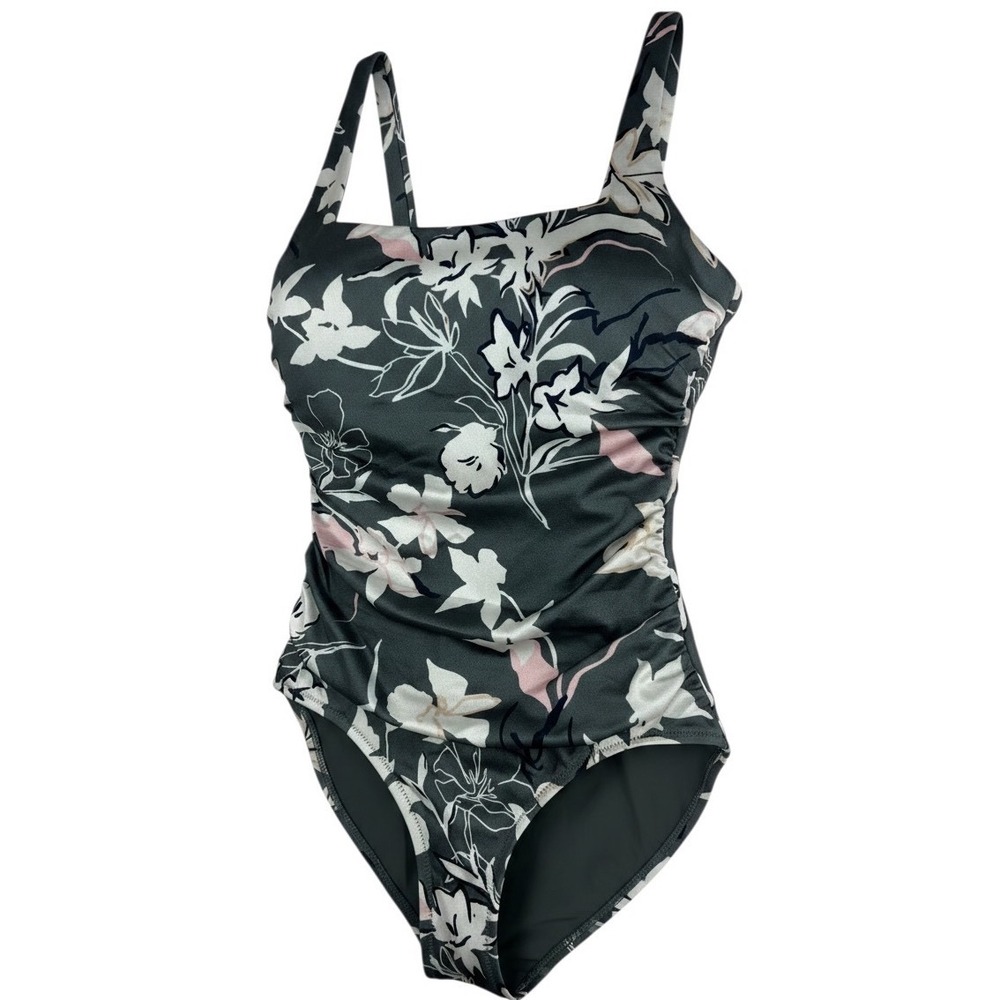 Athleta One Piece Swimsuit XXS Grey Green Floral Ruched Tropical Beach Vacation
